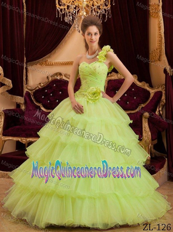 Flowers Single Shoulder Quinceanera Gowns with Ruffled Layers near Pasco
